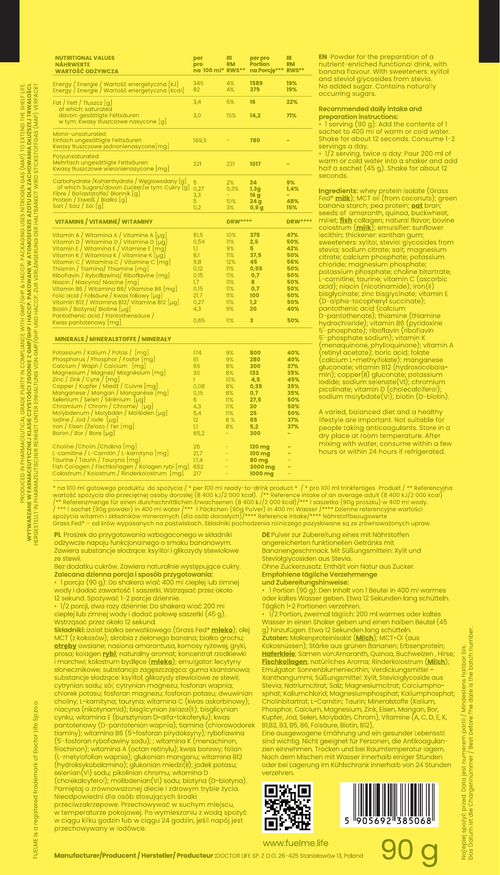 FUELME Banana 90 g sachet — ingredients, nutrition and preparation label