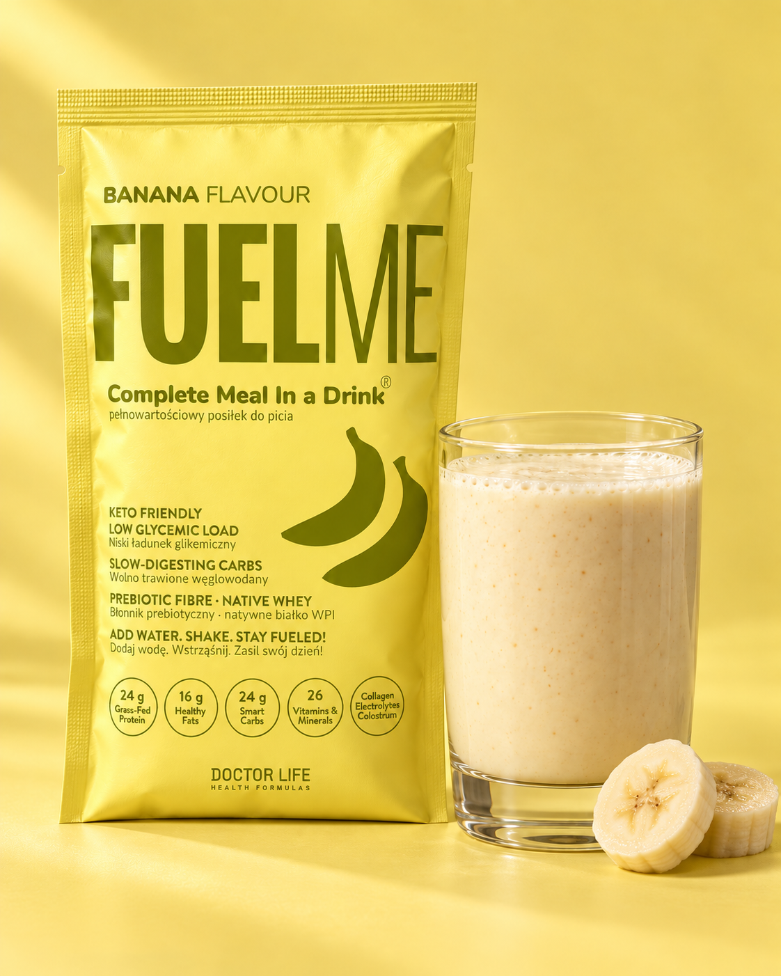 FUELME Banana sachet beside a glass of prepared shake