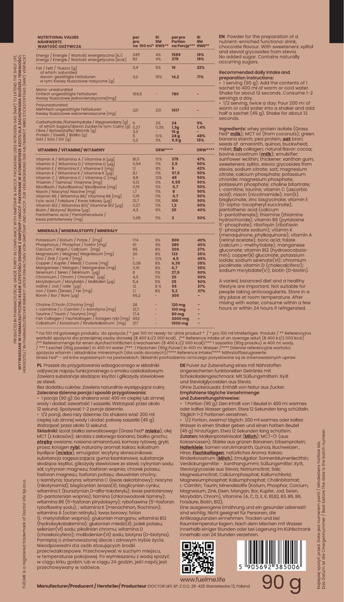 FUELME Chocolate 90 g sachet — ingredients, nutrition and preparation label
