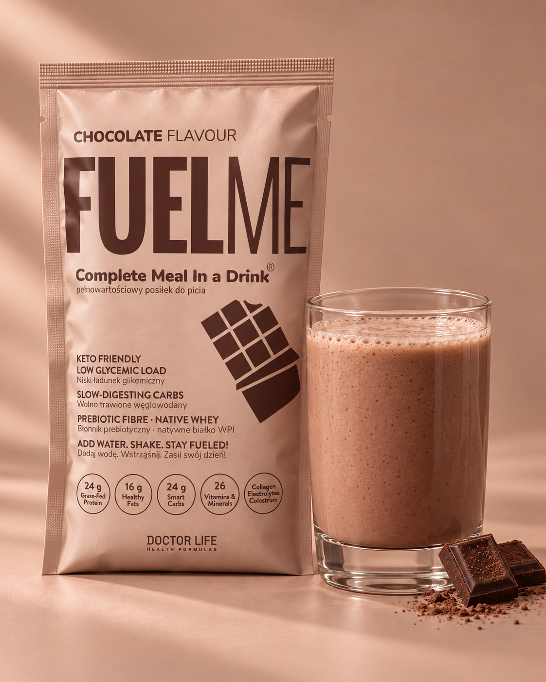 FUELME Chocolate sachet beside a glass of prepared shake — campaign illustration