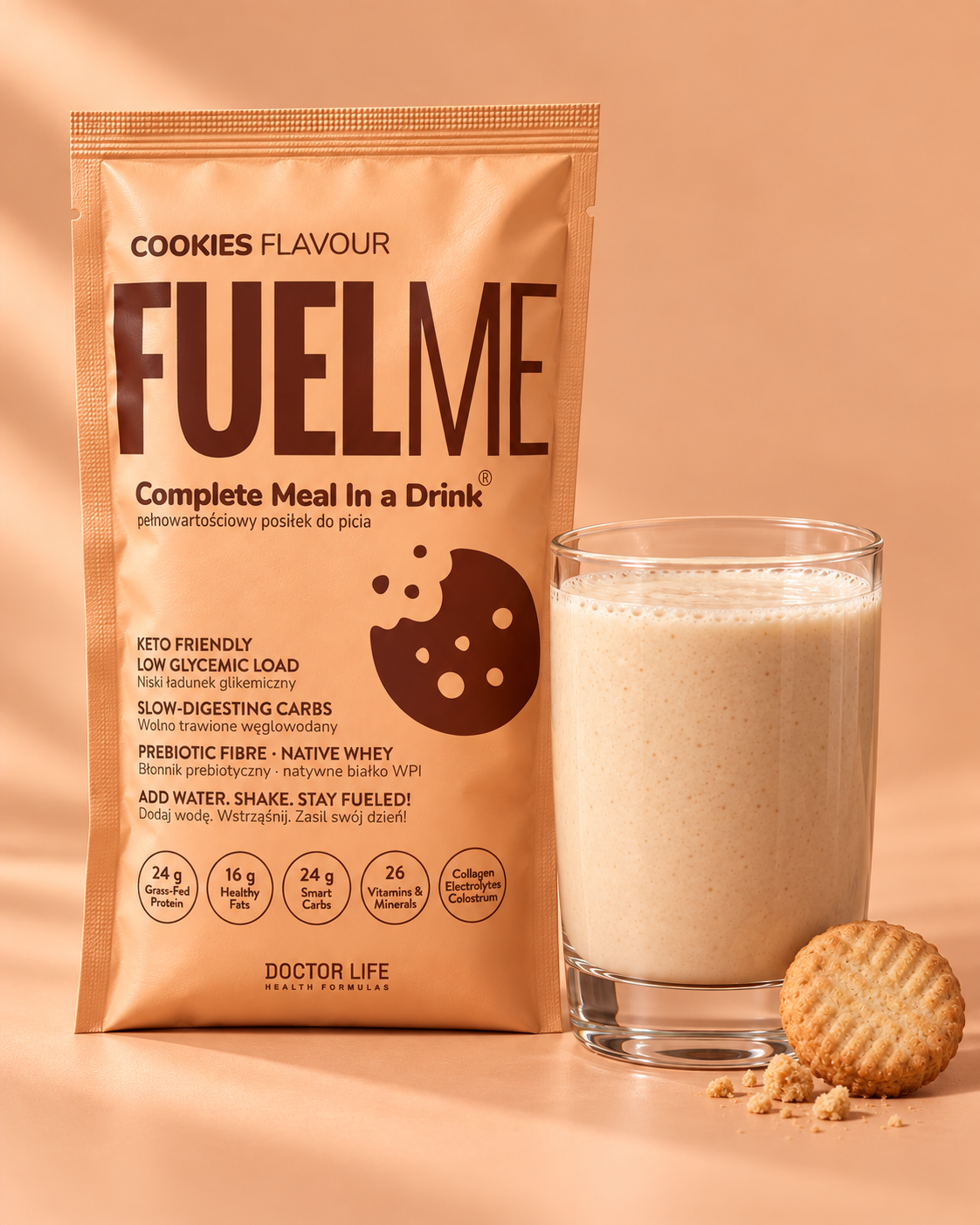 FUELME Cookies sachet beside a glass of prepared shake
