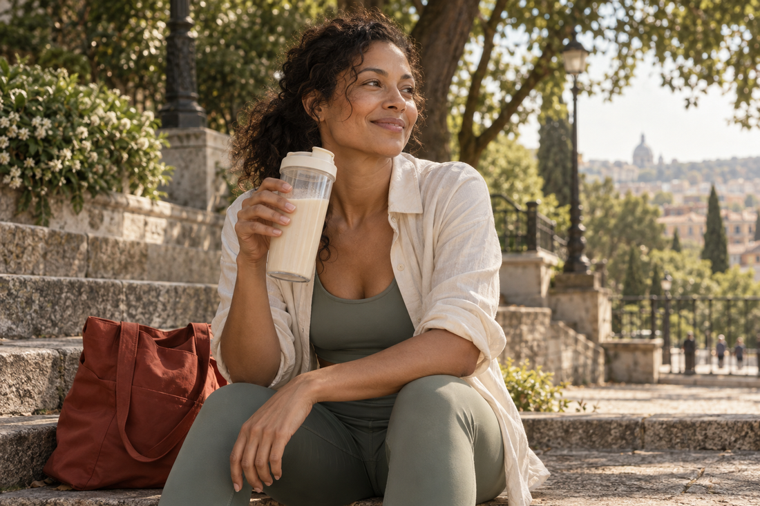 A woman enjoying a shake during a break in a leafy city park