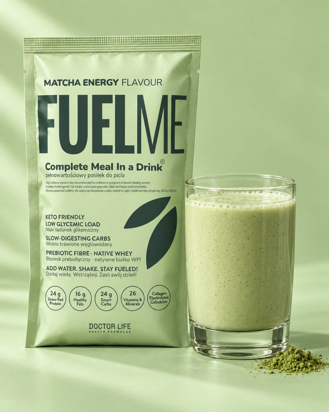 FUELME Matcha Energy sachet beside a glass of prepared shake — campaign illustration