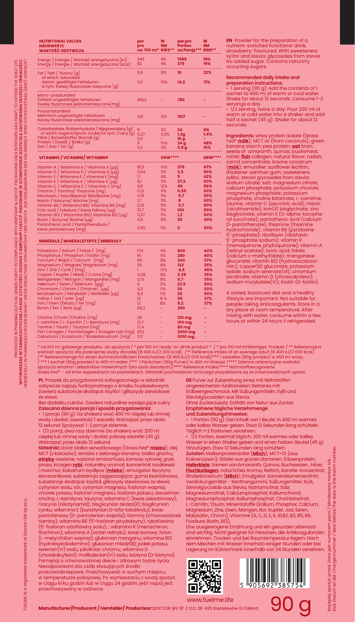 FUELME Strawberry 90 g sachet — ingredients, nutrition and preparation label