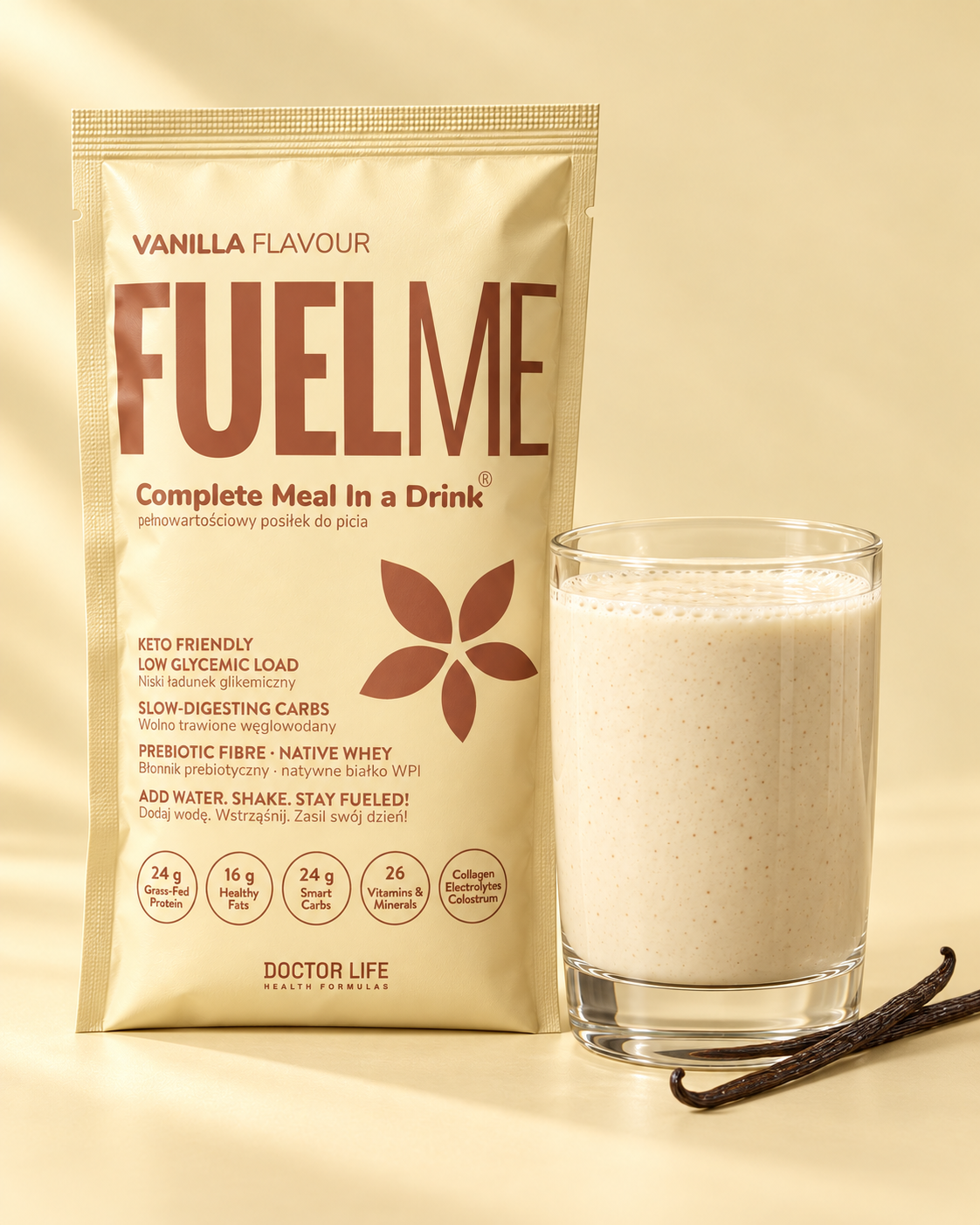 FUELME Vanilla sachet beside a glass of prepared vanilla shake